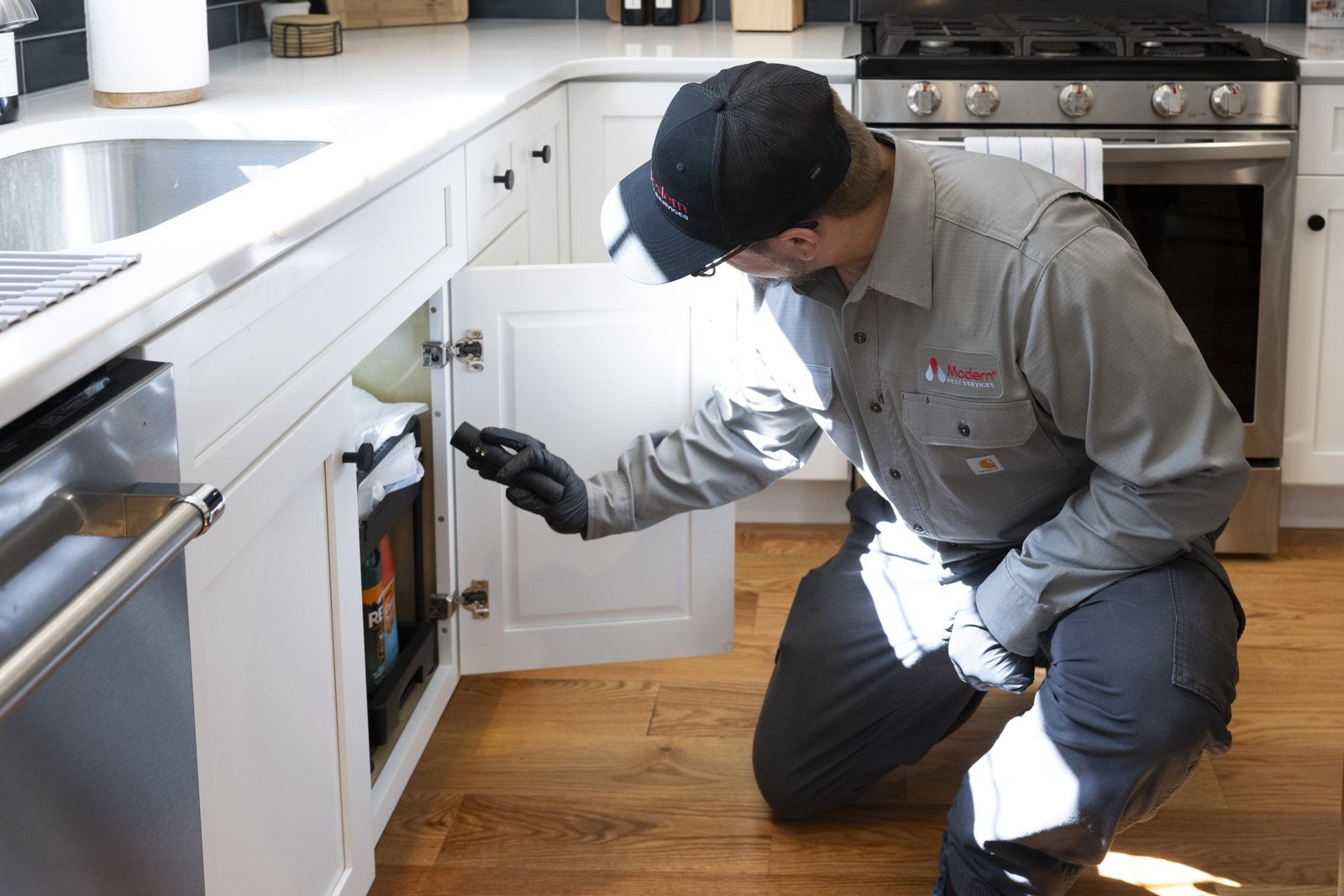 Professional pest control technician inspecting a modern Indian home
